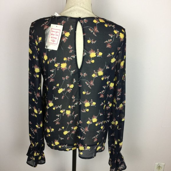 New! Lush Blouse Top Size M Black Yellow Floral Print Sheer Chiffon Long Sleeve - Picture 3 of 15